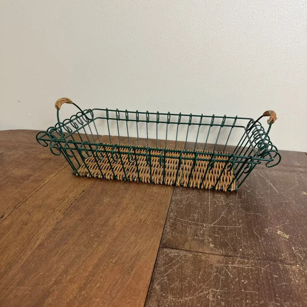 Vintage‎ Green Wire Basket with Woven Rattan Bottom and Handles 14.5x10.5
